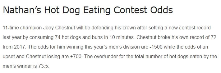 betting odds for hot dog eating contest